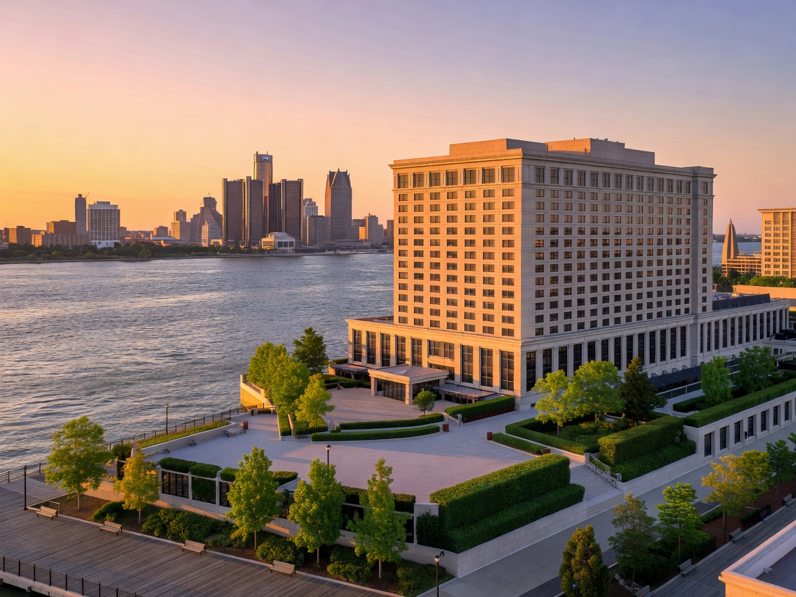 Scenic city perspective layout of Caesars Windsor highlighting the views of Detroit across the river.