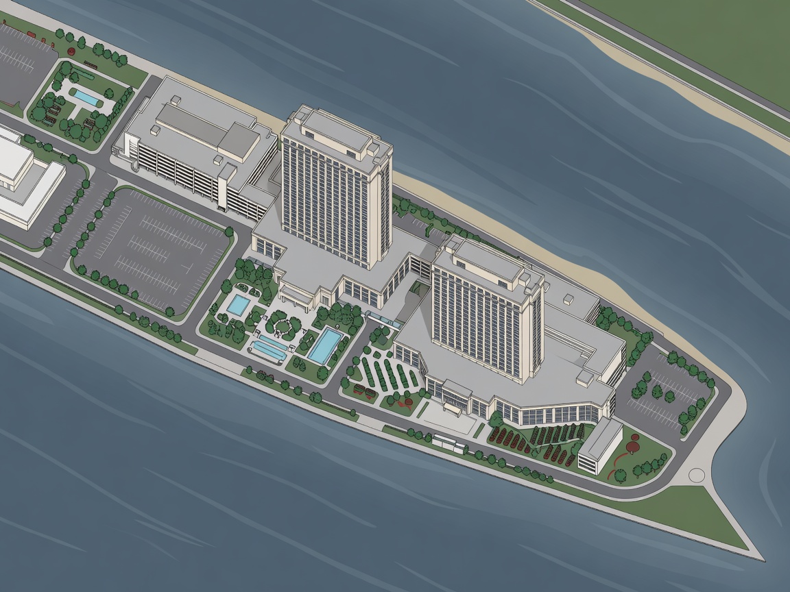 Aerial layout graphic of the hotel towers of Caesars Windsor along the riverfront.