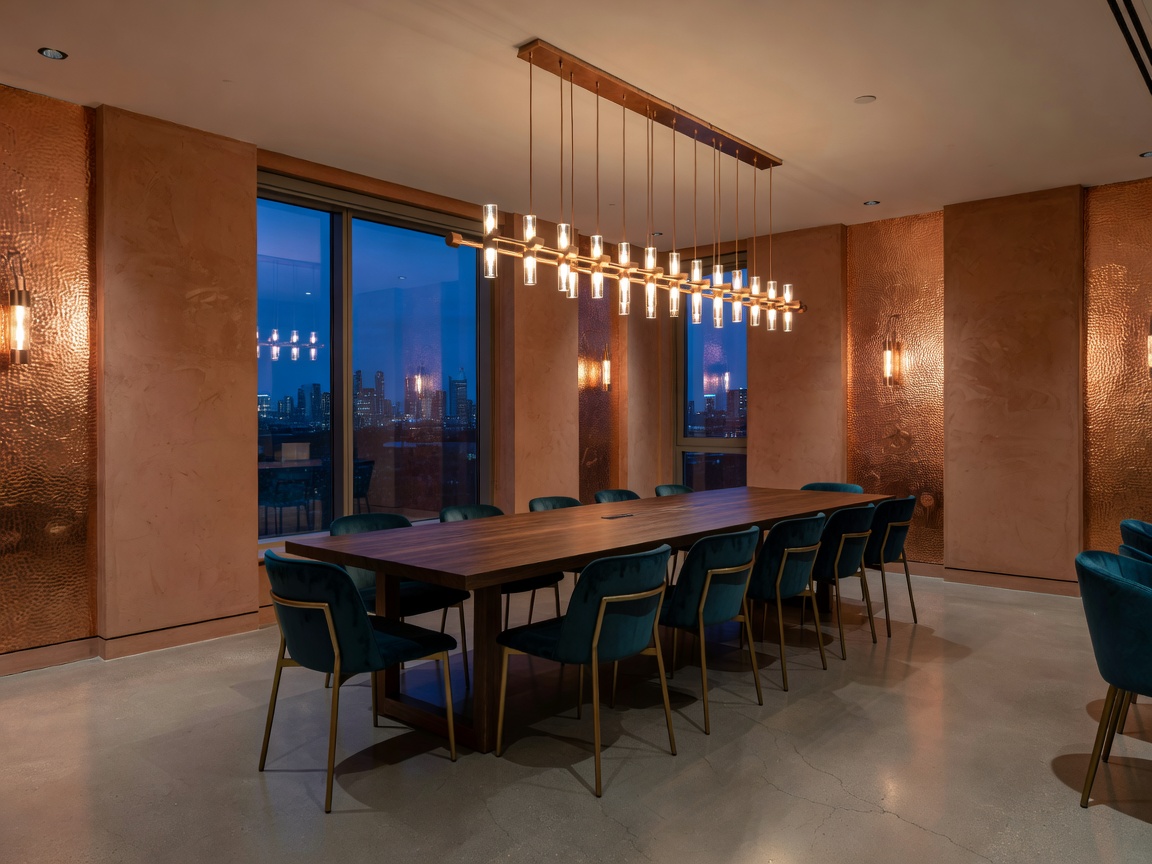 Richly decorated, modern dining room of Copperhorn Meet House in Toronto.