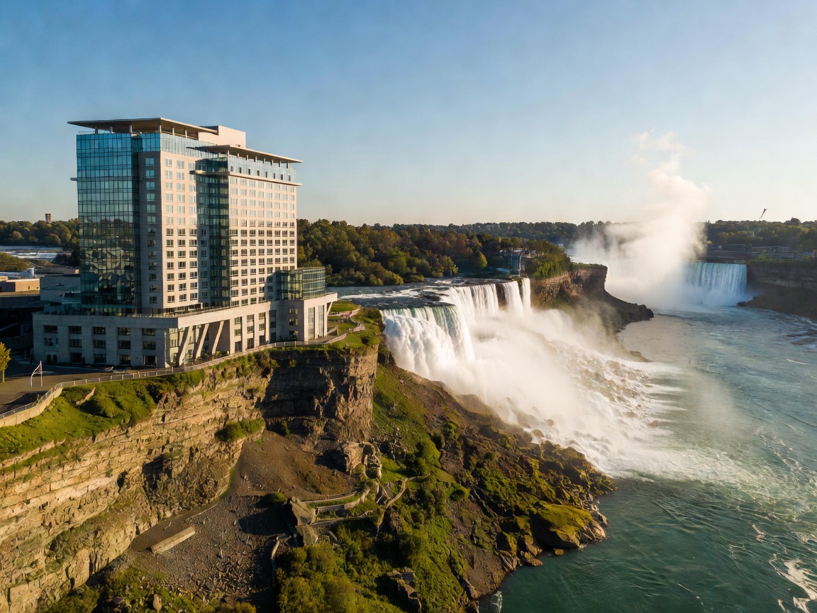 The dramatic cliffside placement of Fallsview Casino Resort framing the distant Niagara gorge.