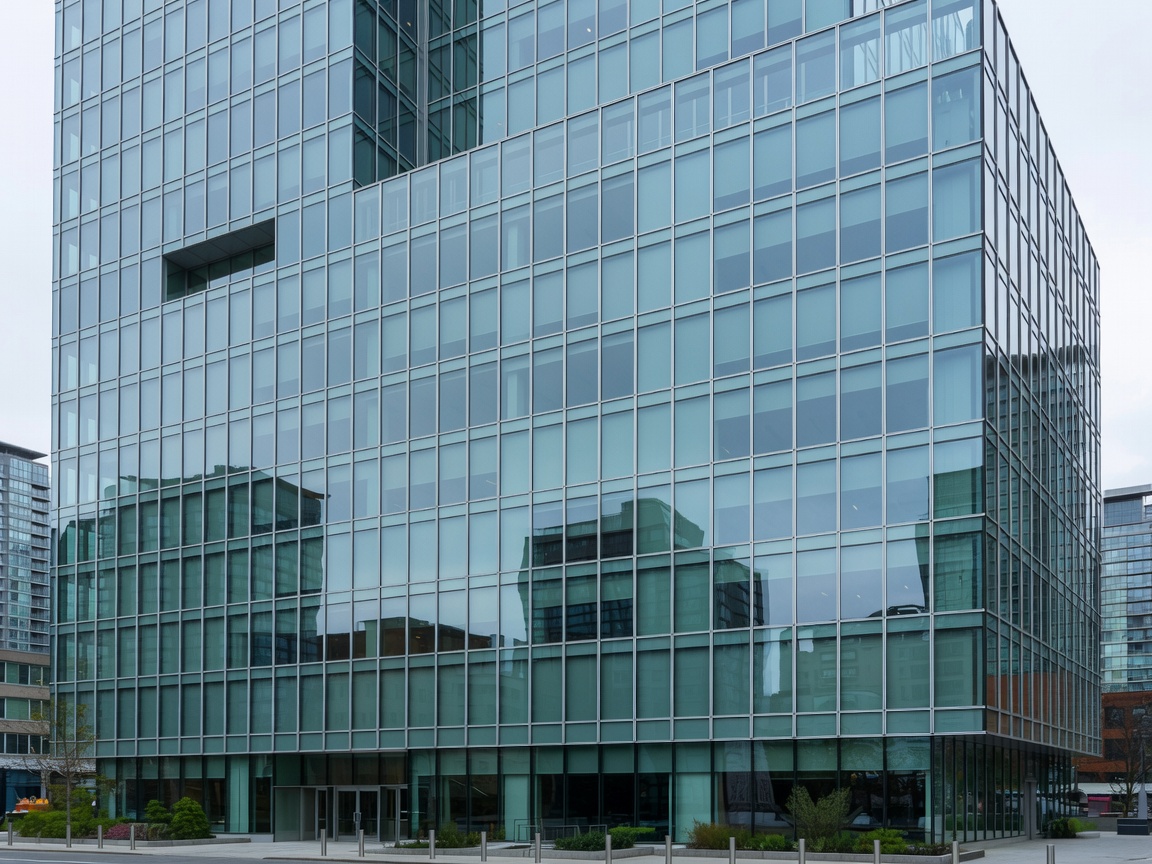 Architectural profile layout of the modern glass exterior of Parq Vancouver situated at 39 Smithe Street in downtown Vancouver.