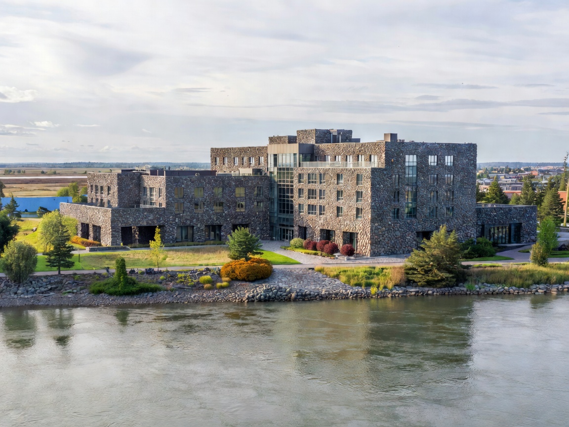 Scenic layout of River Rock Casino Resort adjacent to the Fraser River in Richmond, BC.