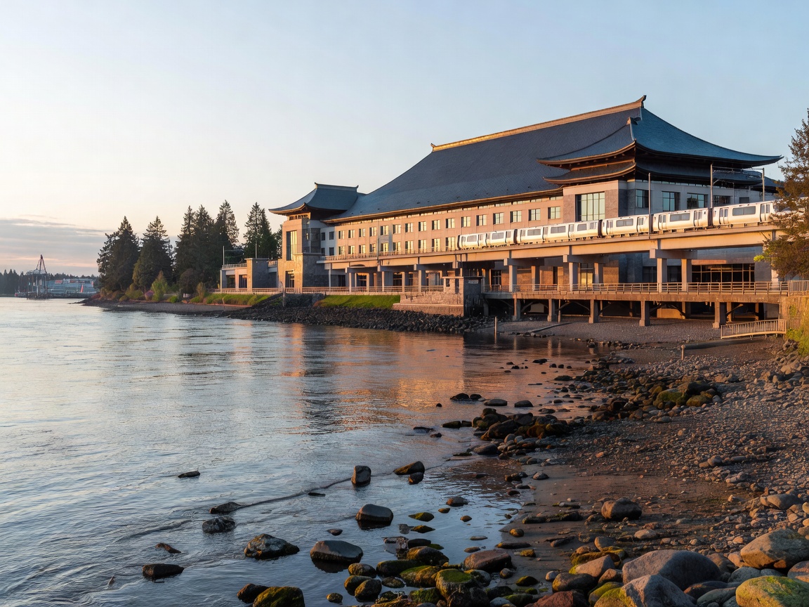 Waterfront scenery near Richmond showcasing River Rock Casino Resort adjacent to transit lines.