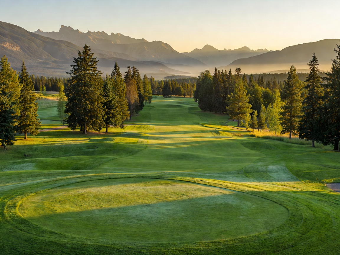 The lush green fairways and mountain background surrounding St. Eugene Golf Resort in Cranbrook.